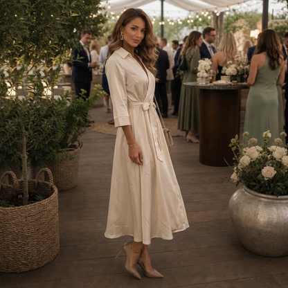Vestido de Mujer Para Invitada de Boda Midi - Escote Cruzado y Cinturón Anudado