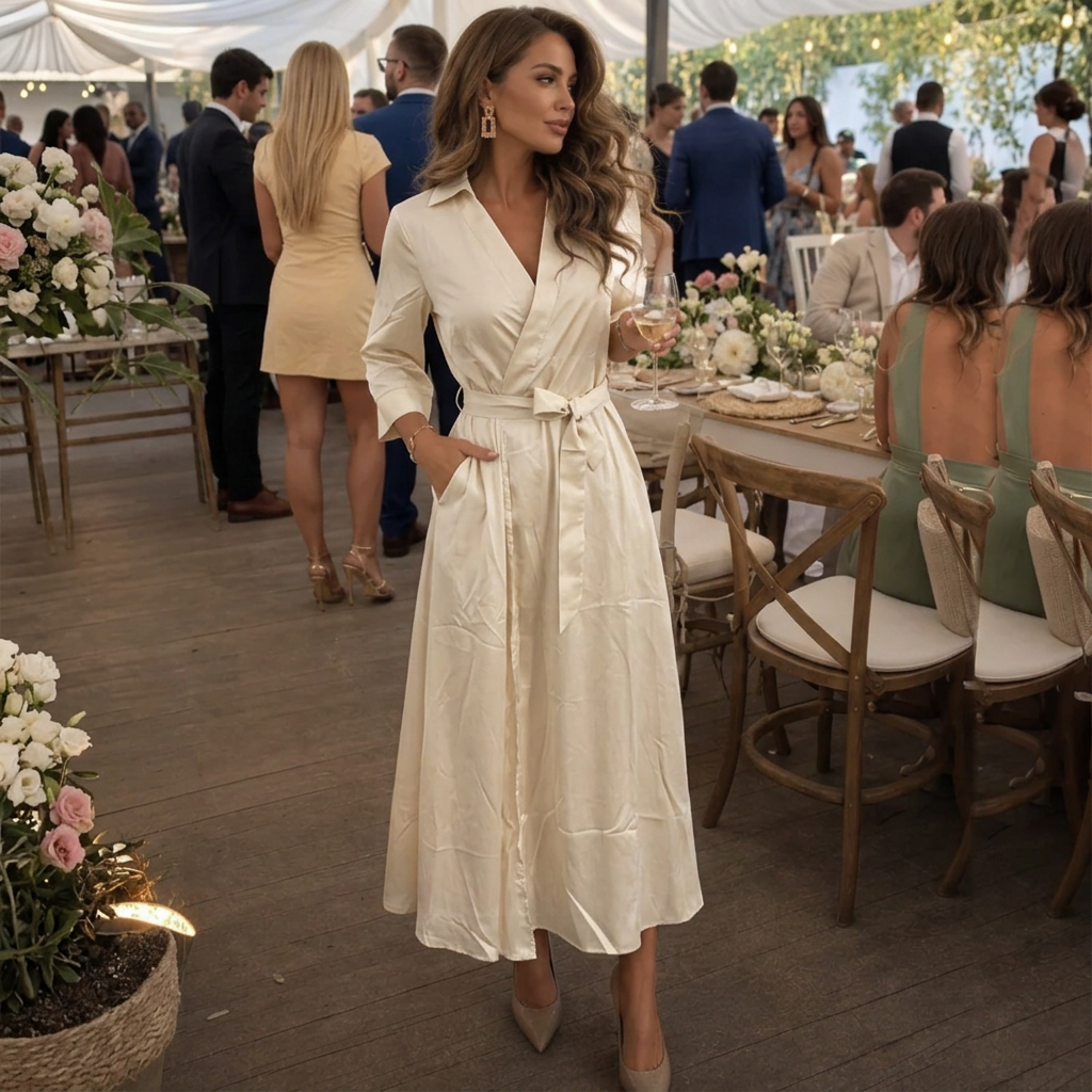 Vestido de Mujer Para Invitada de Boda Midi - Escote Cruzado y Cinturón Anudado