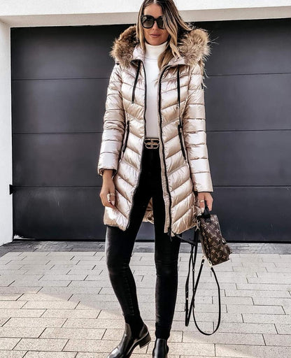 Abrigo de Mujer Acolchado - Diseño Largo con Capucha y Cuello de Pelo