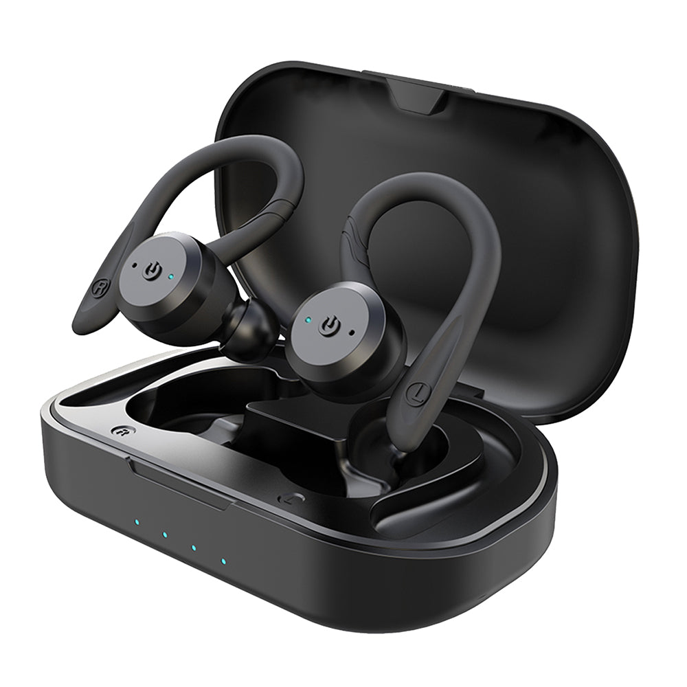Auriculares inalámbricos con gancho sobre la oreja y estuche de carga