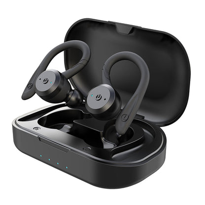 Auriculares inalámbricos con gancho sobre la oreja y estuche de carga