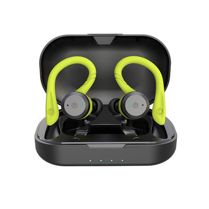 Auriculares inalámbricos con gancho sobre la oreja y estuche de carga