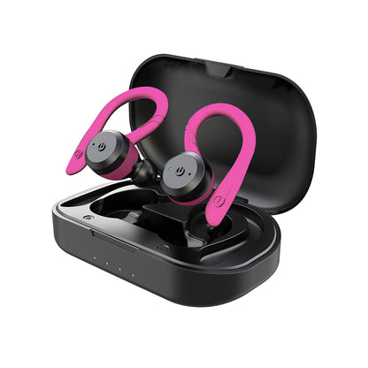 Auriculares inalámbricos con gancho sobre la oreja y estuche de carga