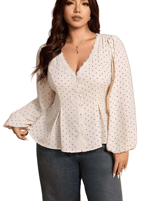 Blusa de mujer con lunares y ribete de encaje