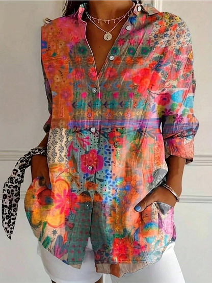Blusa Estampada de Manga Larga para Mujer con Botones