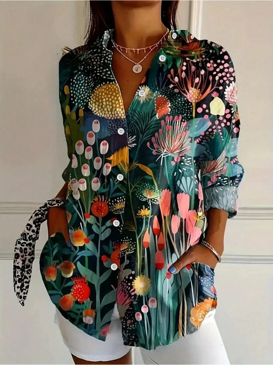 Blusa Estampada de Manga Larga para Mujer con Botones