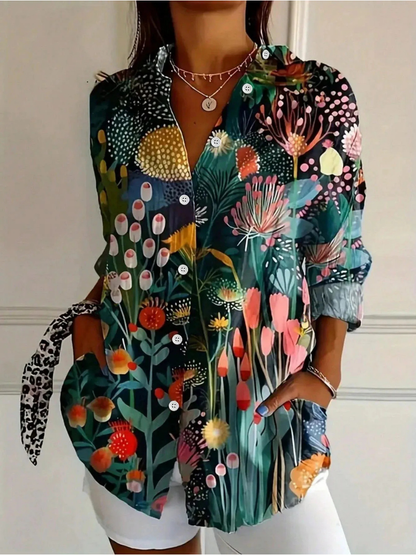 Blusa Estampada de Manga Larga para Mujer con Botones