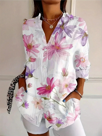Blusa Estampada de Manga Larga para Mujer con Botones
