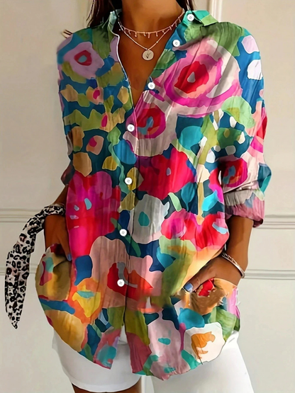 Blusa Estampada de Manga Larga para Mujer con Botones