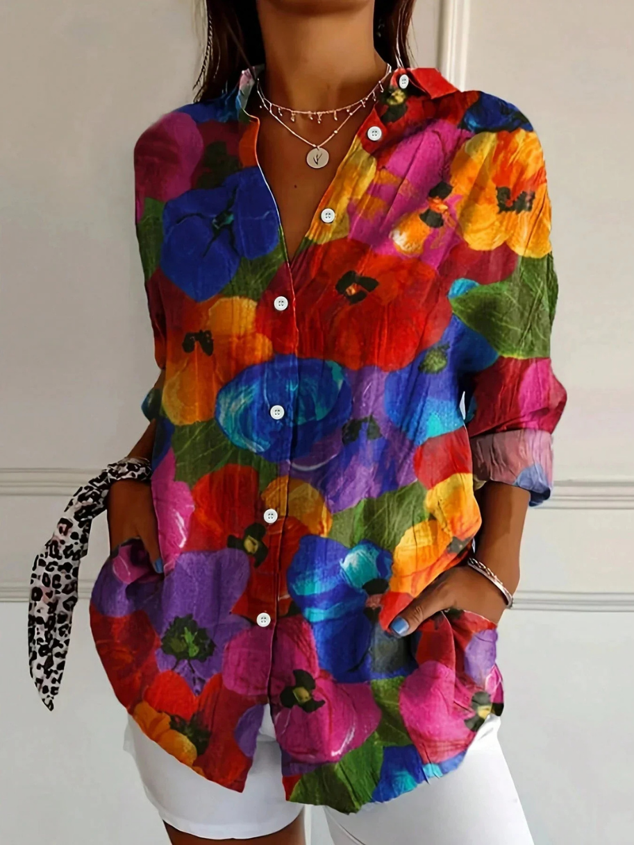 Blusa Estampada de Manga Larga para Mujer con Botones