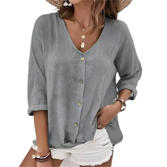 Blusa para mujer con escote en V y cierre de botones frontal