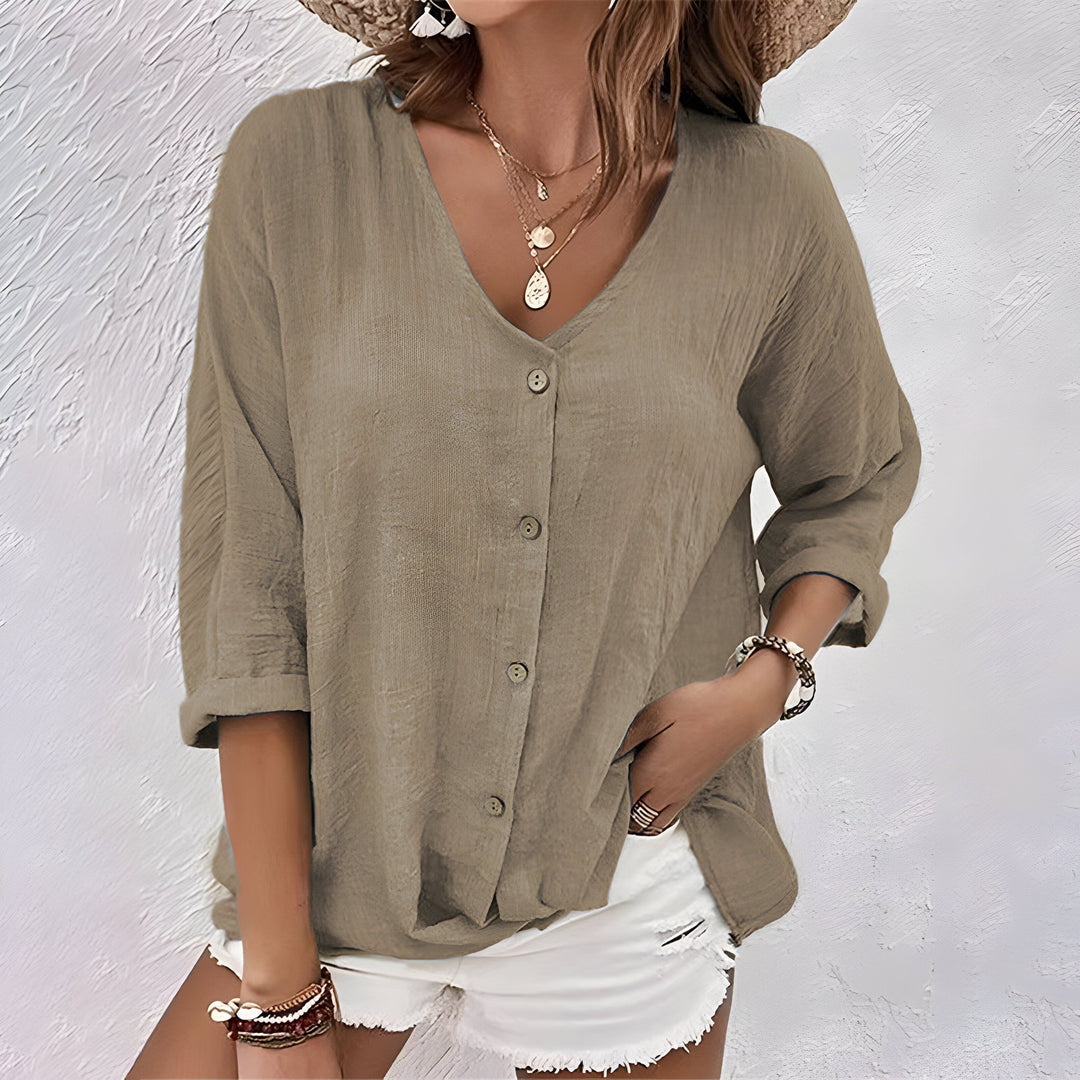 Blusa para mujer con escote en V y cierre de botones frontal