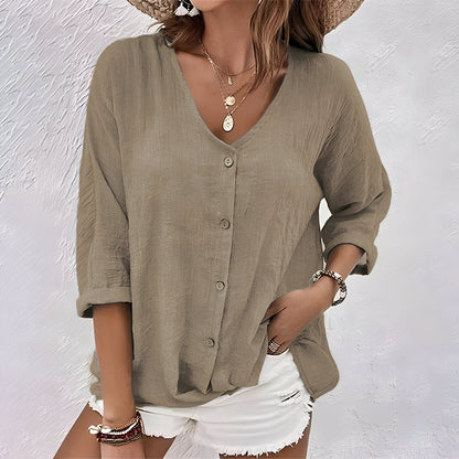 Blusa para mujer con escote en V y cierre de botones frontal