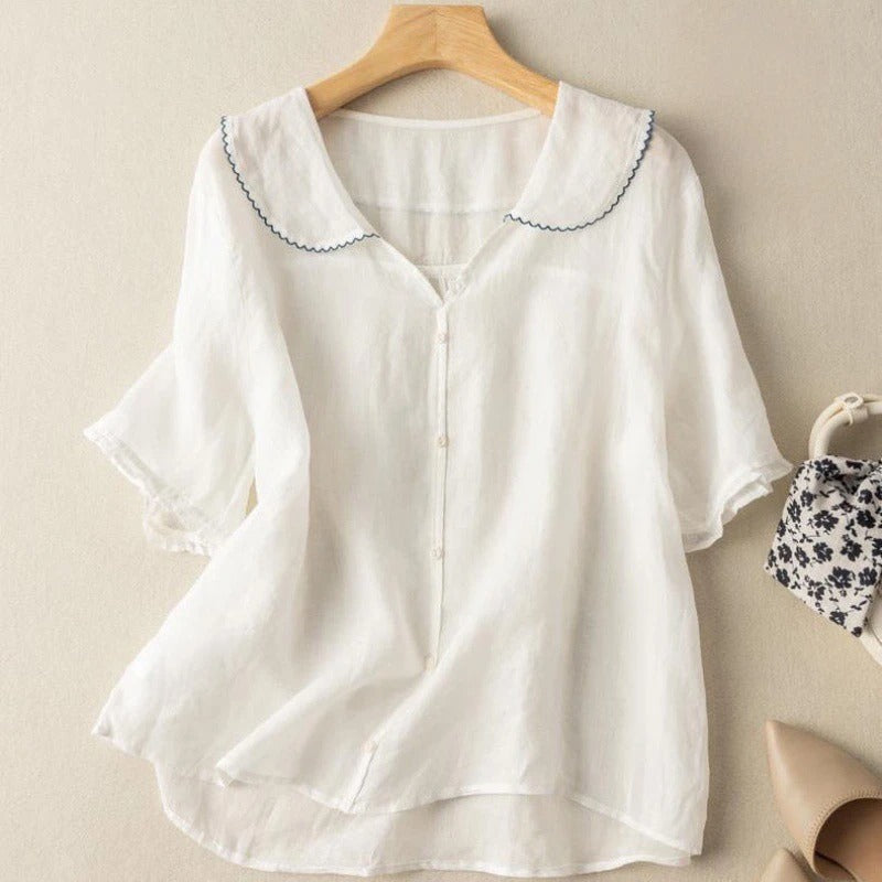 Blusa para mujer con escote en V y cuello bordado