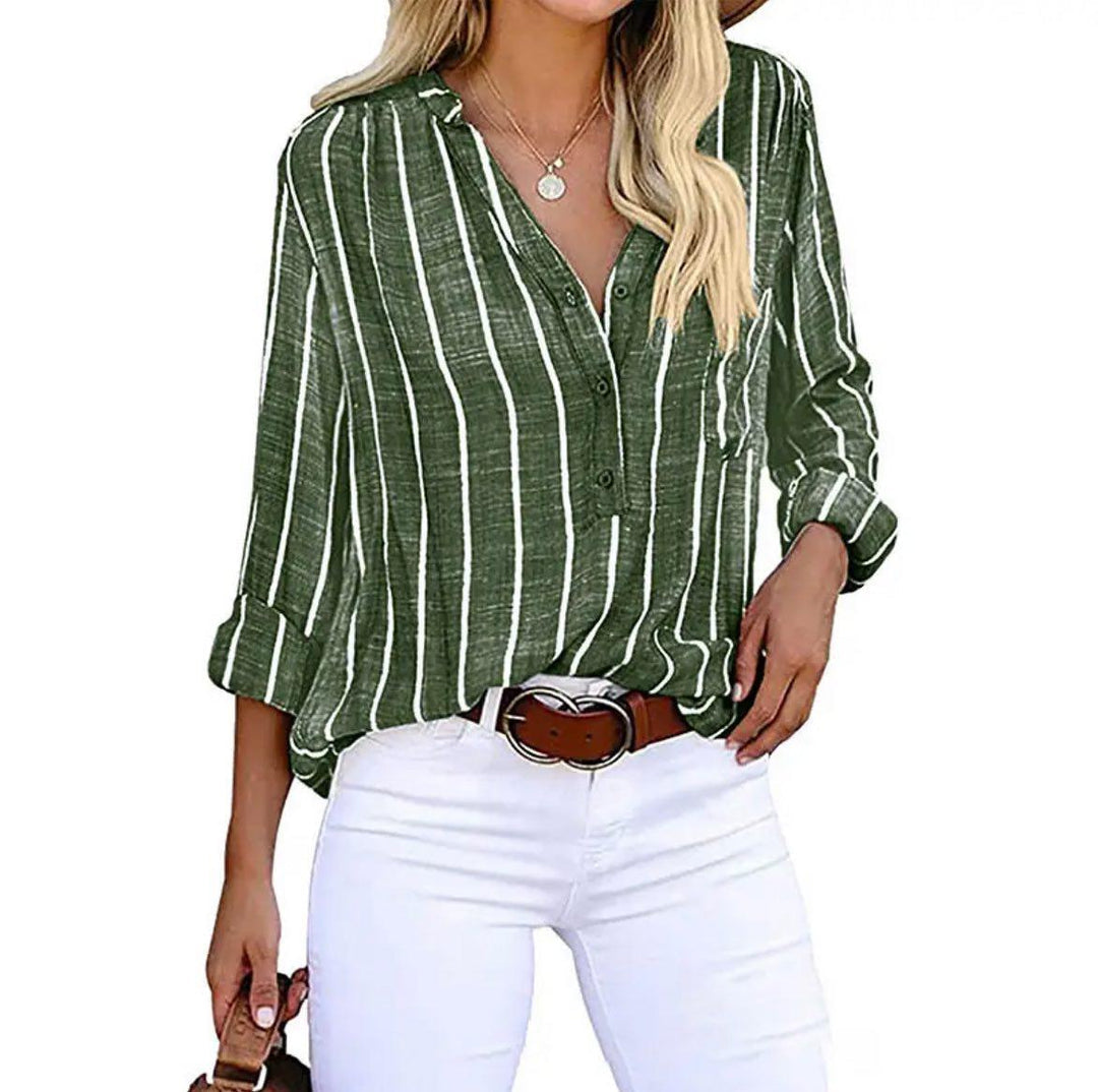Blusa para mujer con rayas y bolsillo en el pecho