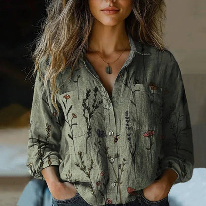 Blusa para mujer de manga larga con bolsillos en el pecho