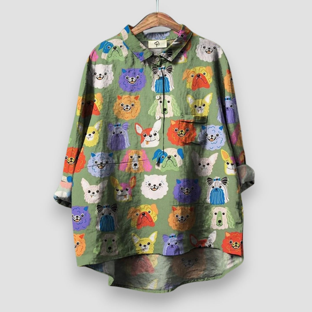 Camisa estampada para mujer de manga larga con dobladillo alto-bajo