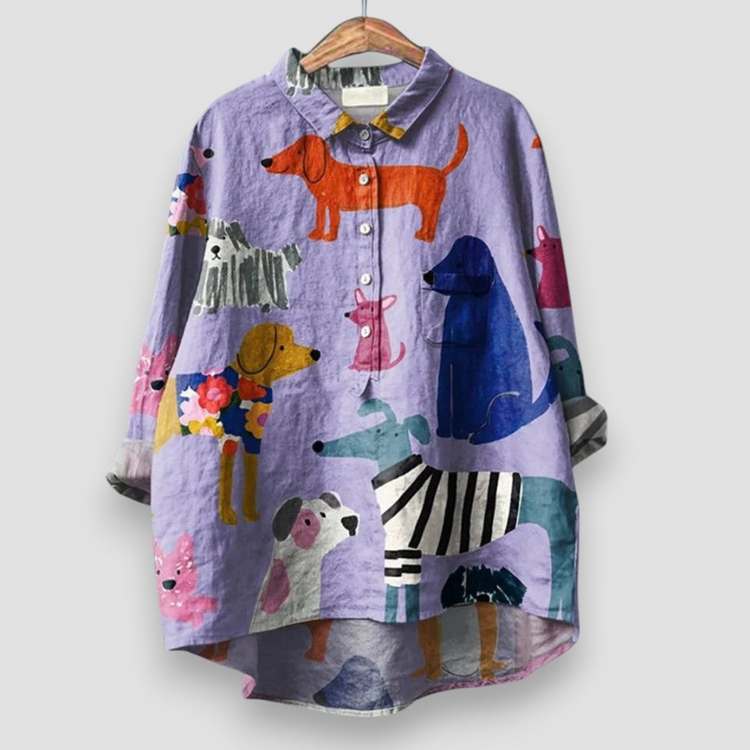 Camisa estampada para mujer de manga larga con dobladillo alto-bajo