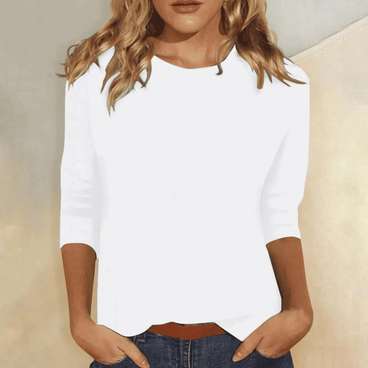 Camiseta de Manga Tres Cuartos con Cuello Redondo para Mujer