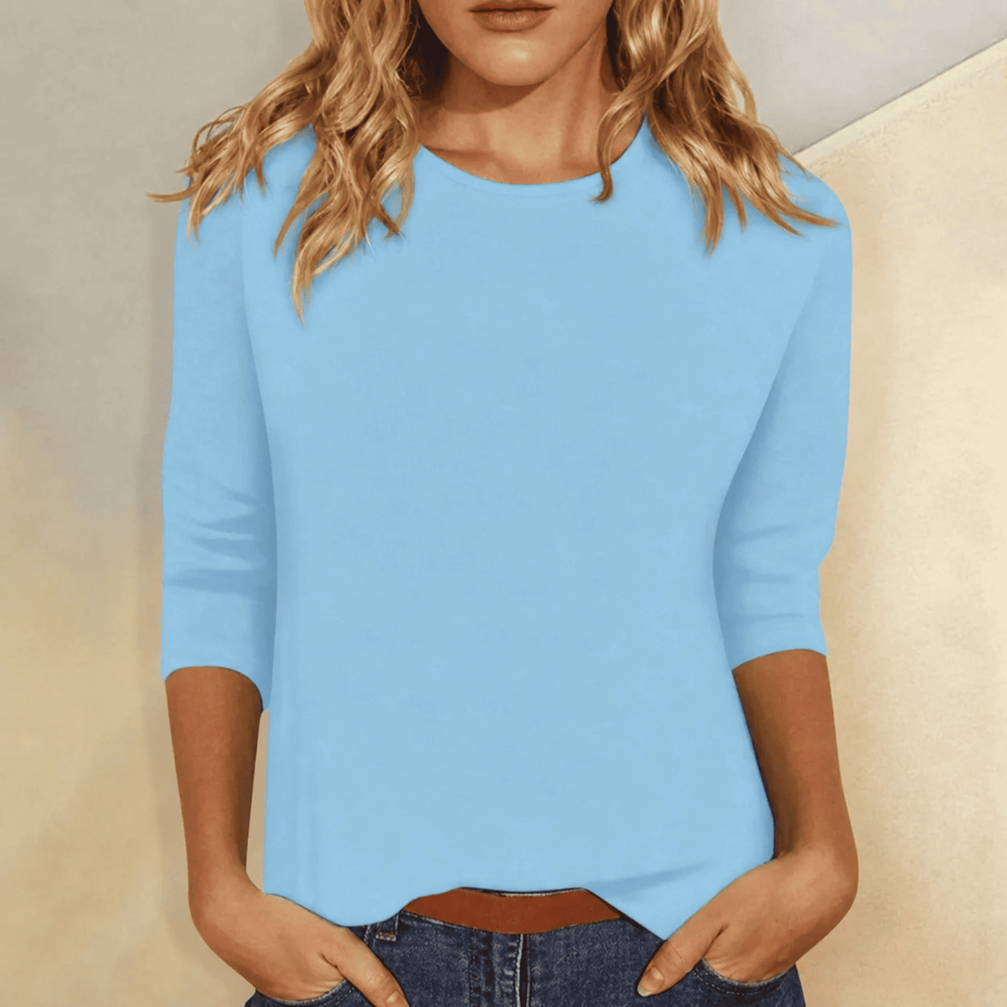 Camiseta de Manga Tres Cuartos con Cuello Redondo para Mujer