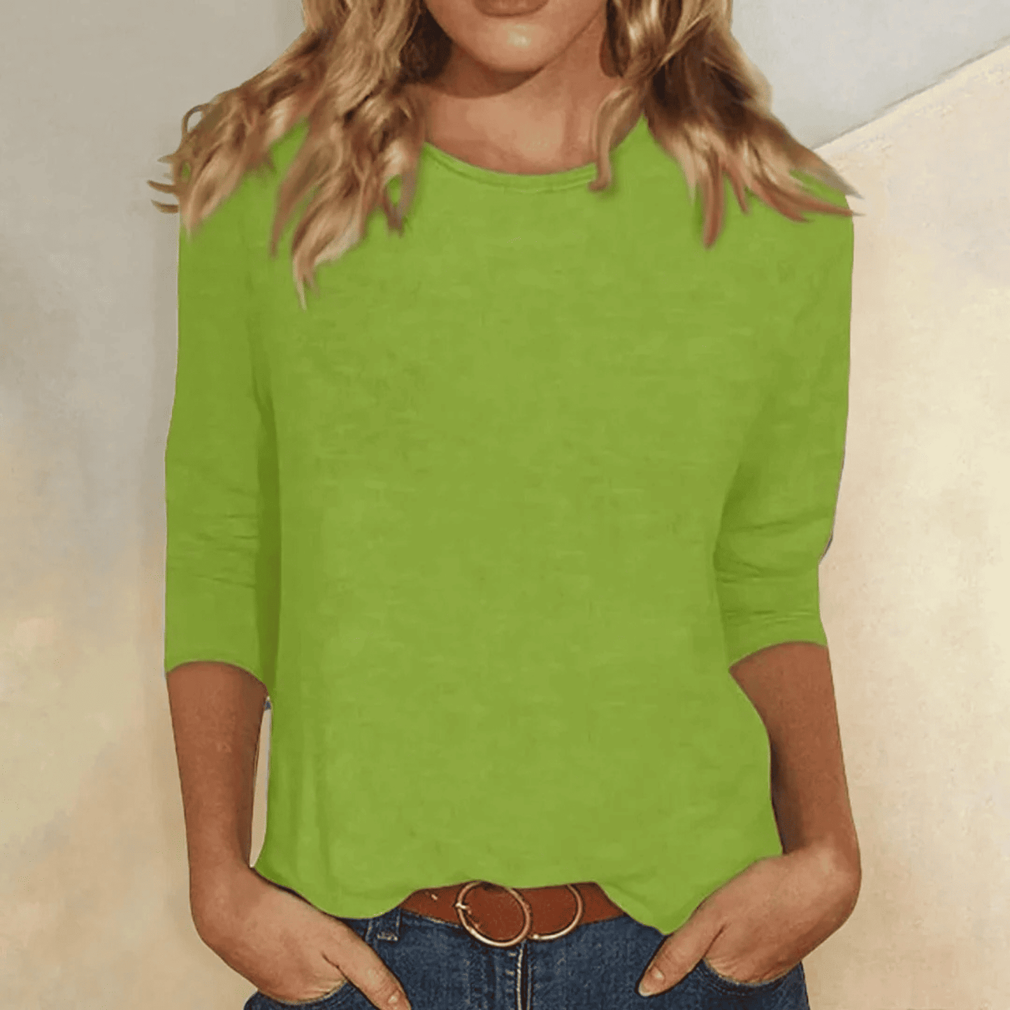 Camiseta de Manga Tres Cuartos con Cuello Redondo para Mujer