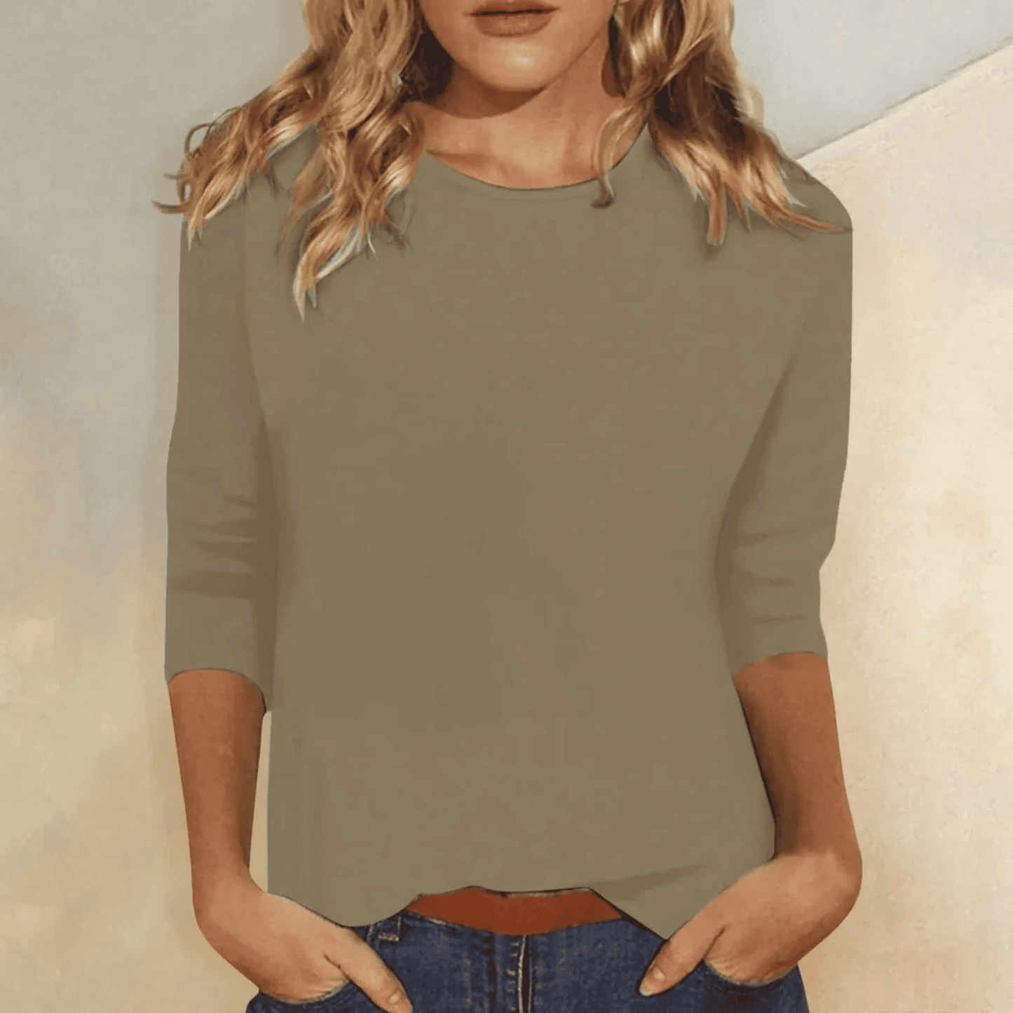 Camiseta de Manga Tres Cuartos con Cuello Redondo para Mujer