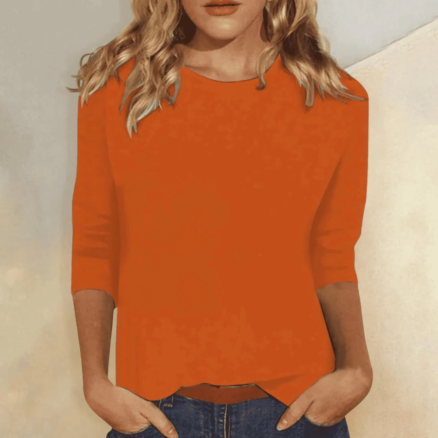 Camiseta de Manga Tres Cuartos con Cuello Redondo para Mujer