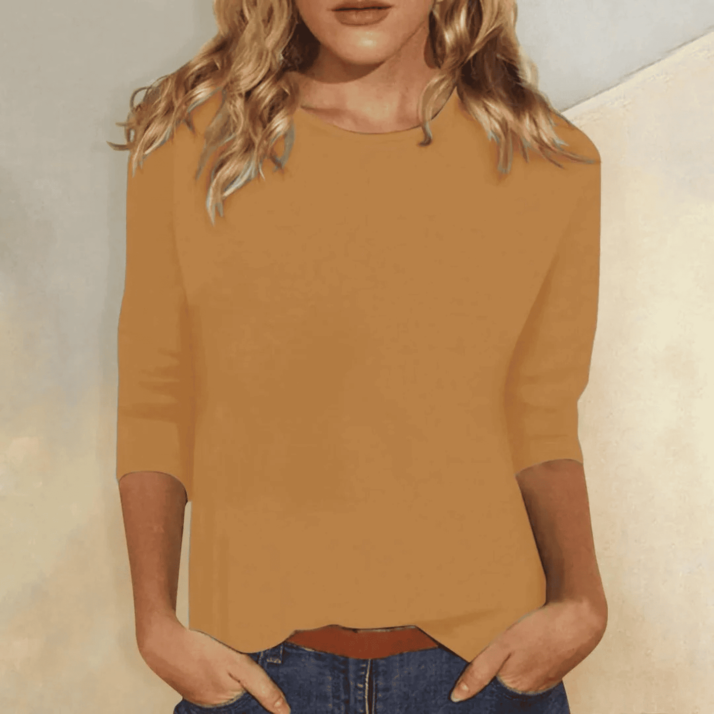 Camiseta de Manga Tres Cuartos con Cuello Redondo para Mujer