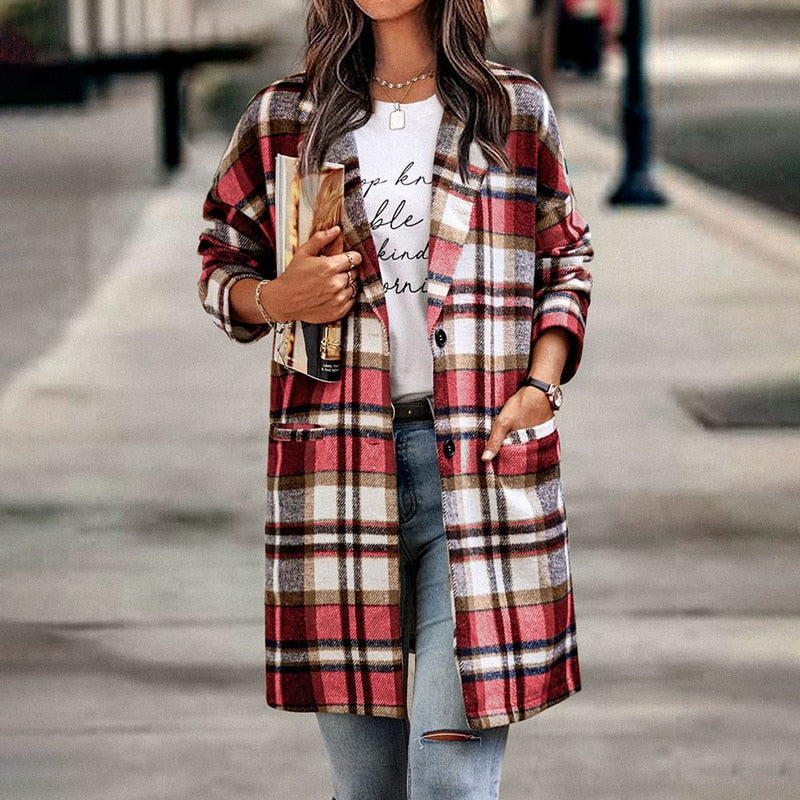 Chaqueta de Mujer - Diseño de Cuadros y Corte Largo