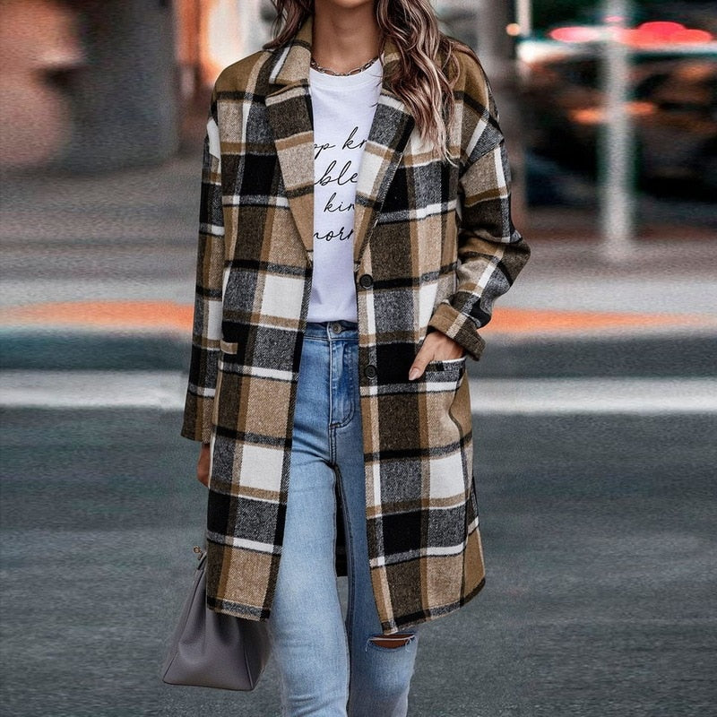 Chaqueta de Mujer - Diseño de Cuadros y Corte Largo