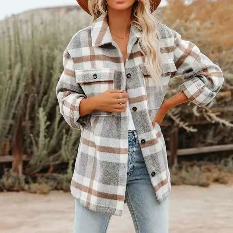 Chaqueta de Mujer Estilo Sobrecamisa - Cuello Clásico y Diseño de Cuadros