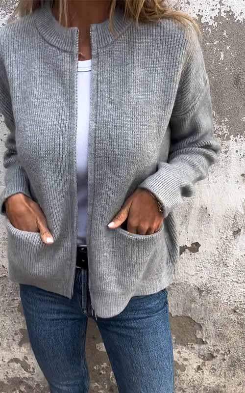 Chaqueta de Punto de Mujer - Cremallera Frontal y Bolsillos