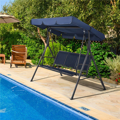 Columpio de patio exterior con configuración de tres asientos y dosel ajustable
