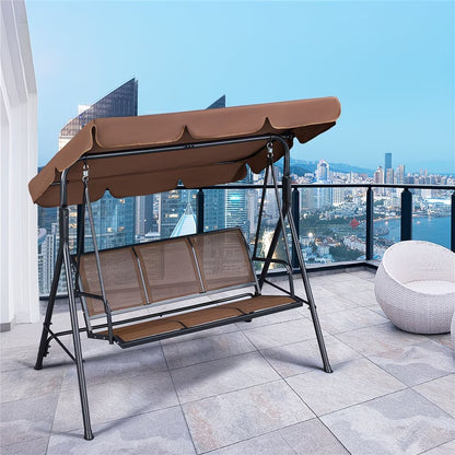 Columpio de patio exterior con configuración de tres asientos y dosel ajustable