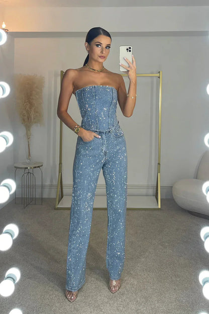 Conjunto de dos piezas para mujer con patrón de pedrería