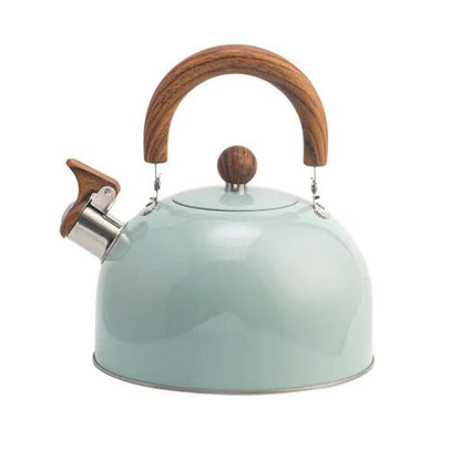 Hervidor con asa de veta de madera y pico con silbato
