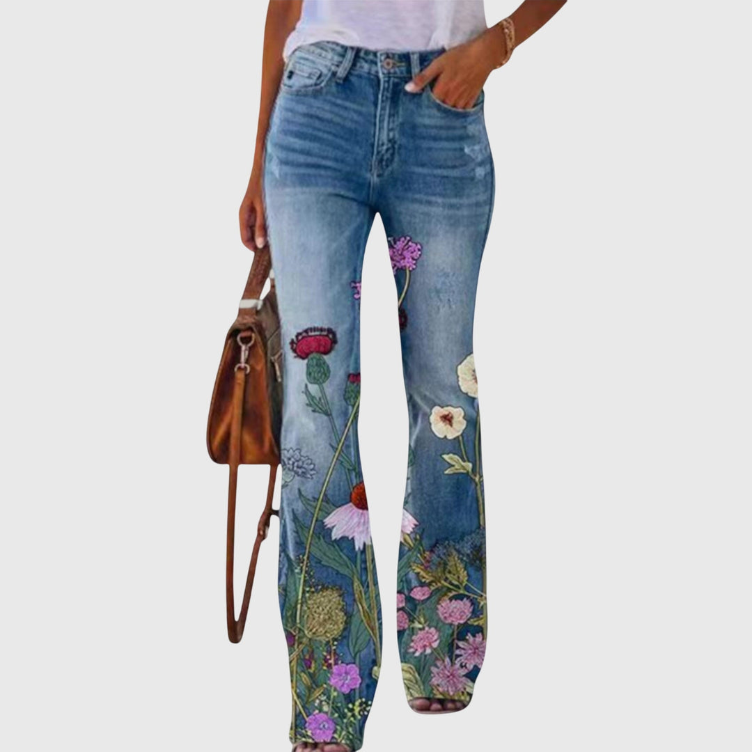 Jeans acampanados para mujer con estampado floral