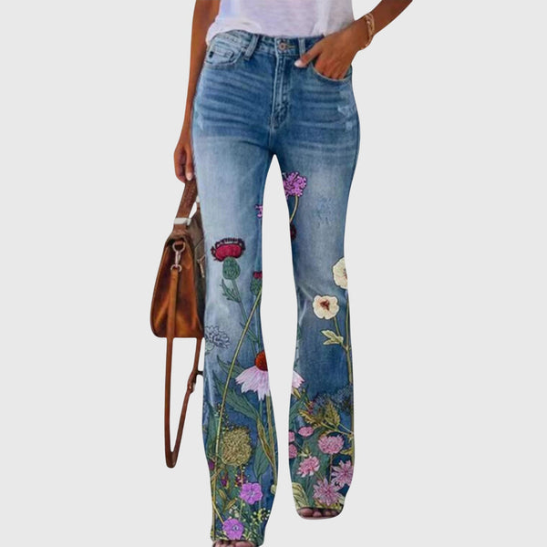 Jeans acampanados para mujer con estampado floral