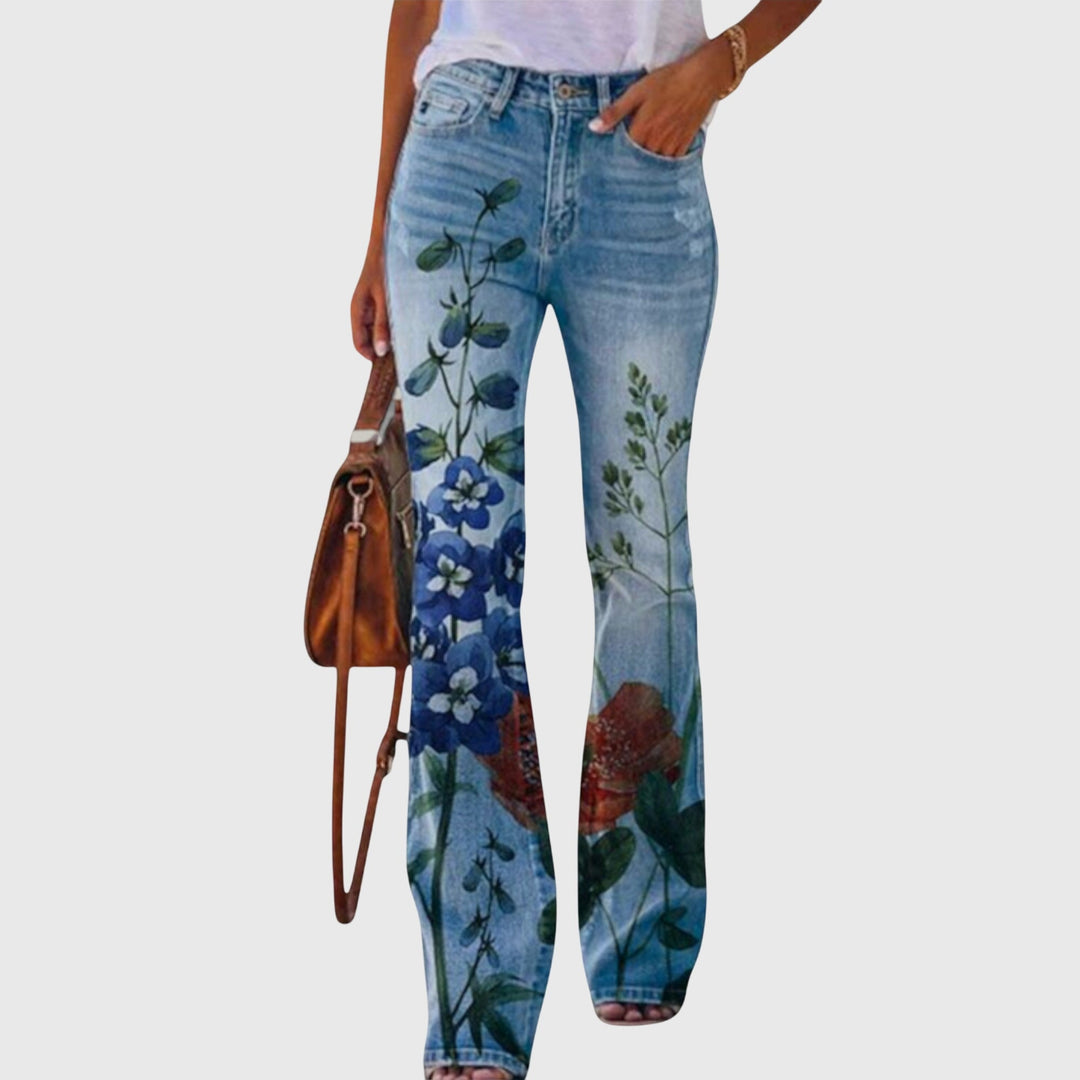 Jeans acampanados para mujer con estampado floral