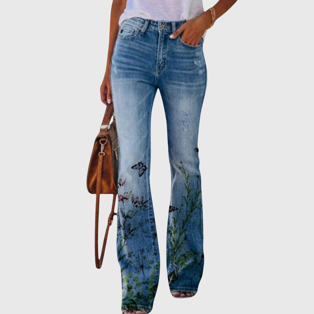 Jeans acampanados para mujer con estampado floral