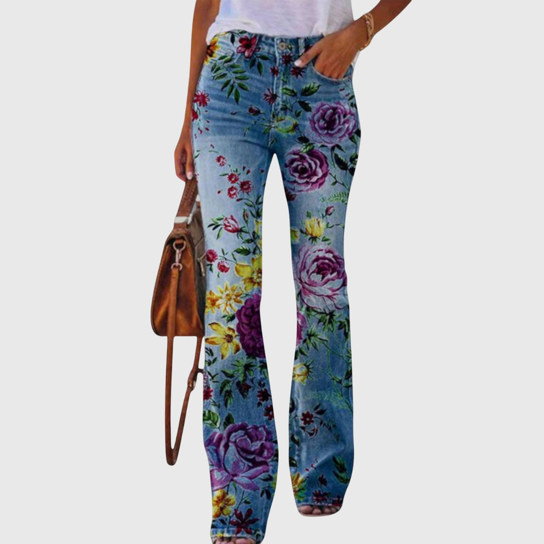 Jeans acampanados para mujer con estampado floral