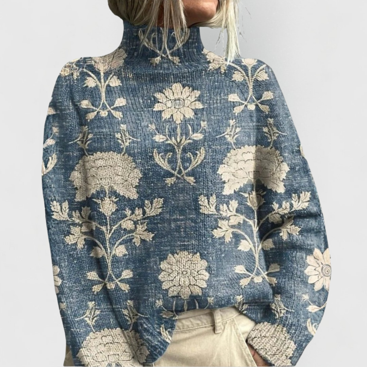 Jersey de Mujer - Cuello Alto con Motivos Naturales y Manga Larga