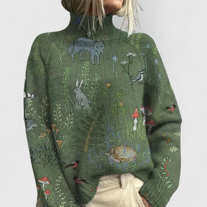 Jersey de Mujer - Cuello Alto con Motivos Naturales y Manga Larga