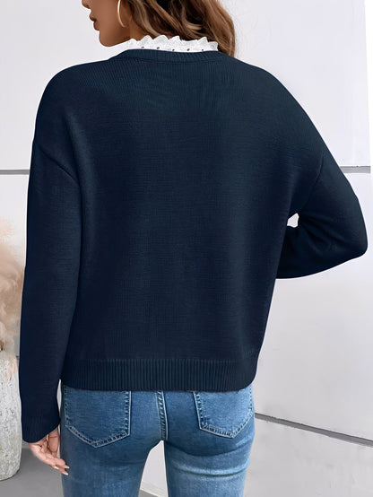 Jersey de Mujer - Escote en V con Detalle de Encaje y Manga Larga