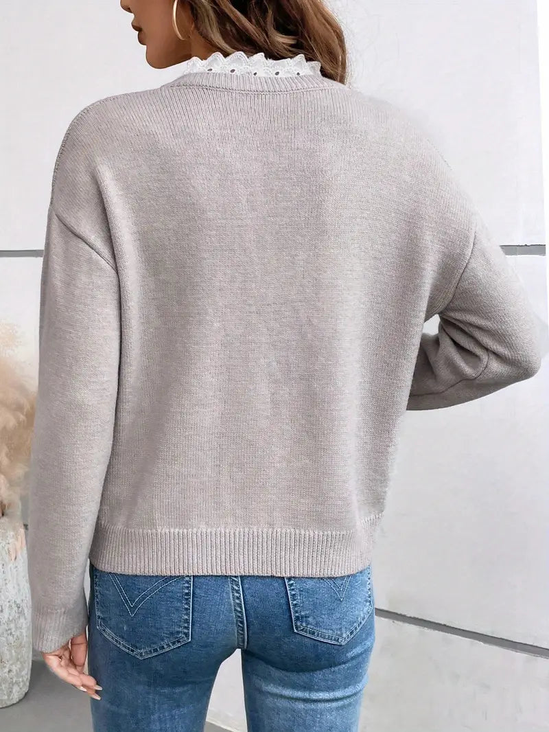 Jersey de Mujer - Escote en V con Detalle de Encaje y Manga Larga