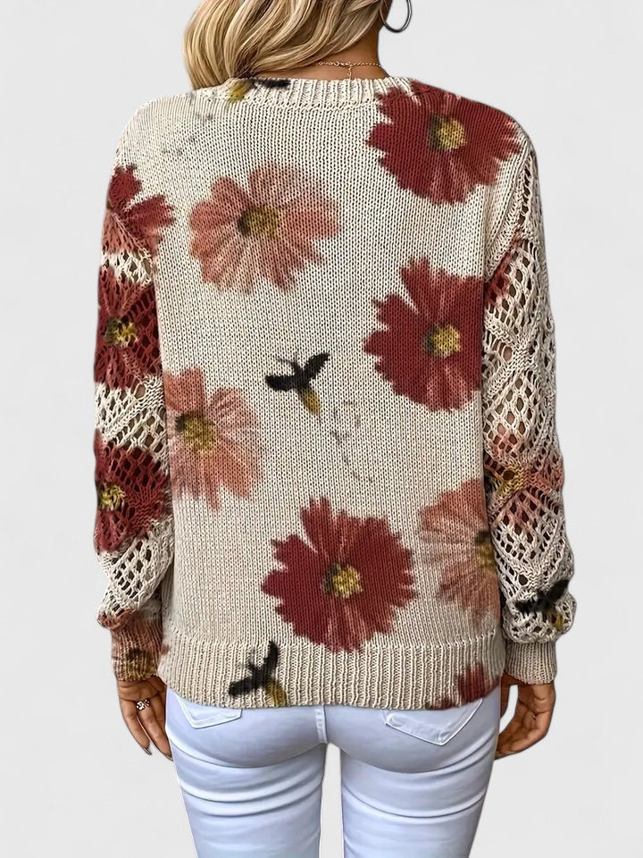 Jersey de Mujer - Escote en V con Punto Calado y Motivos Florales