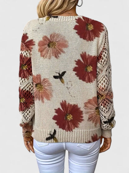 Jersey de Mujer - Escote en V con Punto Calado y Motivos Florales
