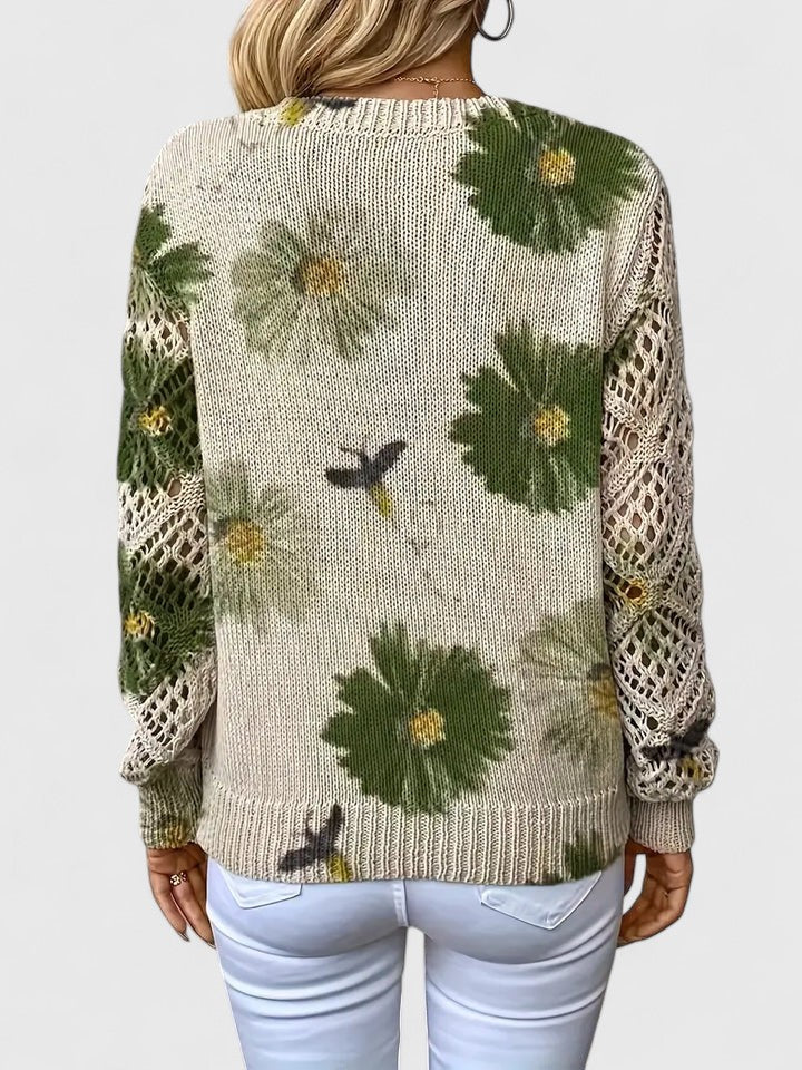 Jersey de Mujer - Escote en V con Punto Calado y Motivos Florales