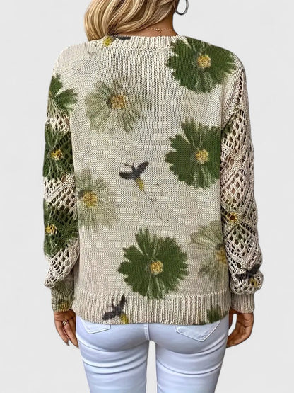 Jersey de Mujer - Escote en V con Punto Calado y Motivos Florales