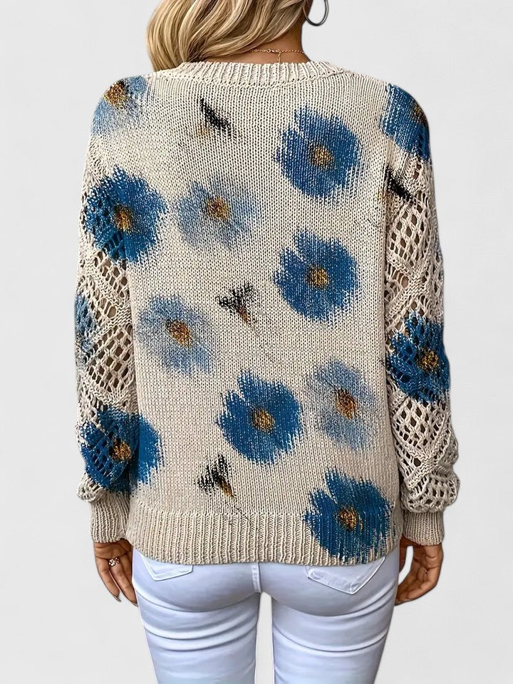 Jersey de Mujer - Escote en V con Punto Calado y Motivos Florales